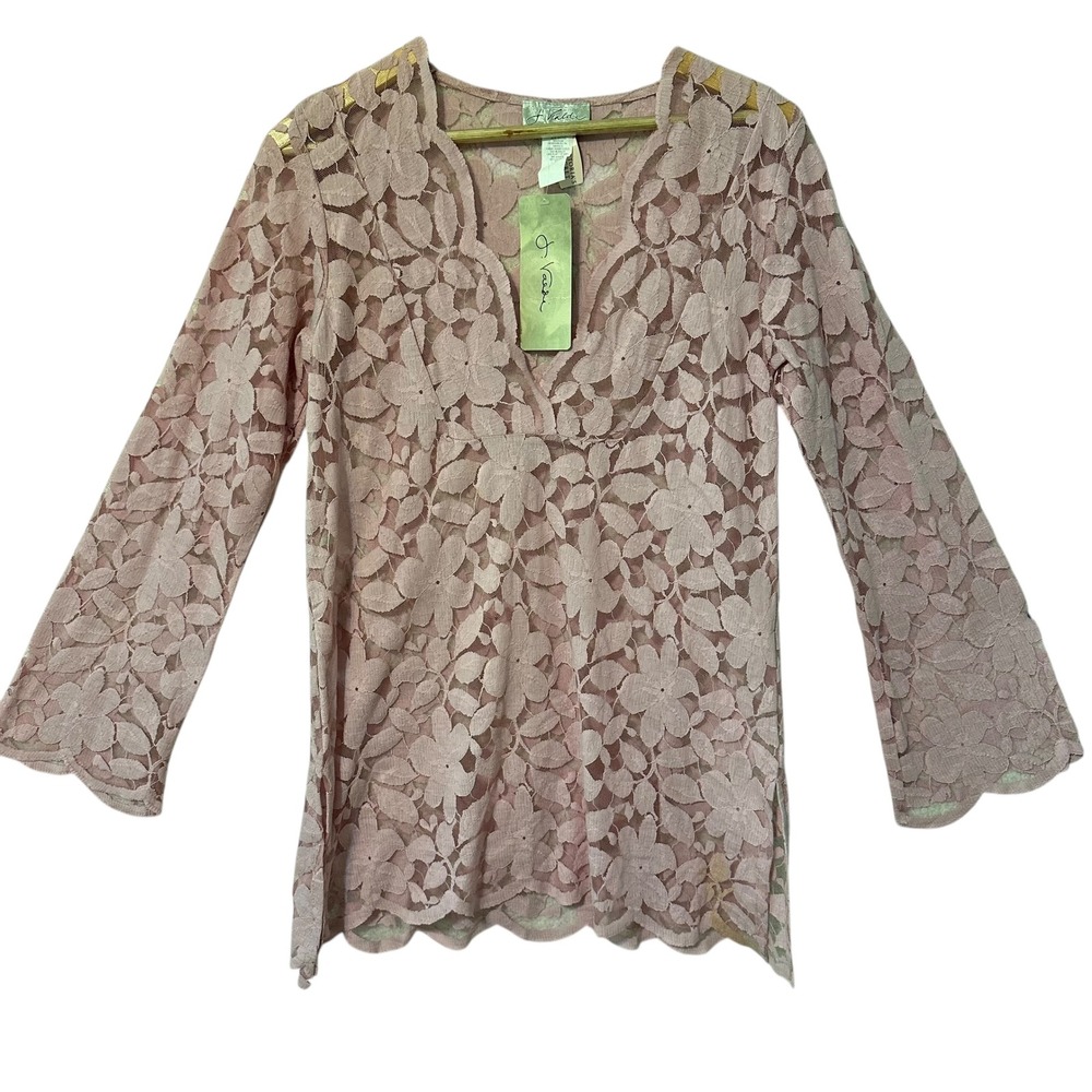 J Valdi Pink Floral Lace V Neck Bell Sleeve‎ Tunic Top Women's Size ML